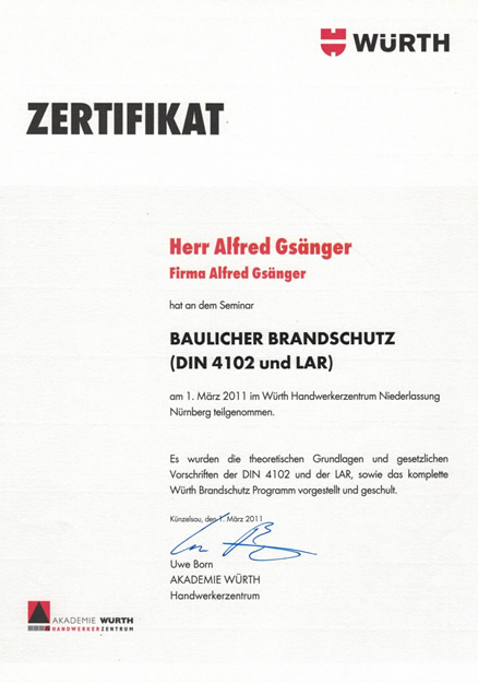 Brandschutz Zertifikat I